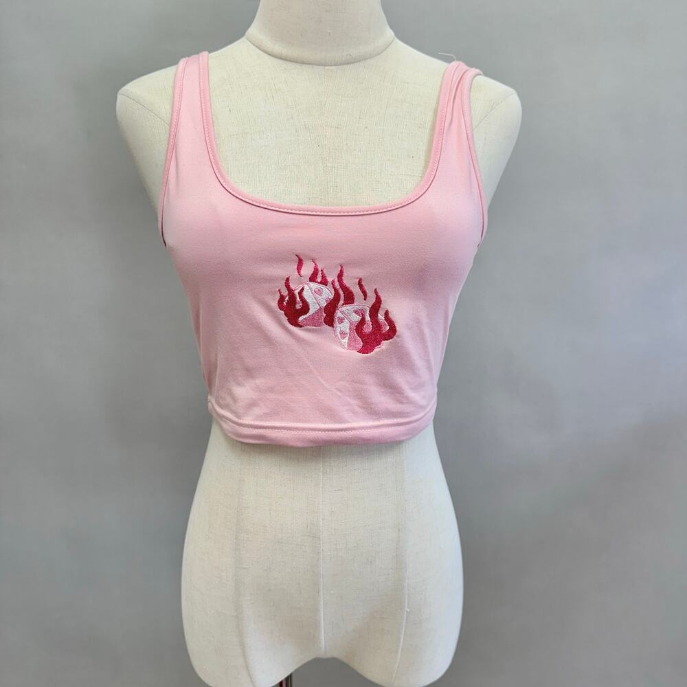 Pink flaming hot pink dice w/ hearts & flames embroidered Small-Medium Y2K style